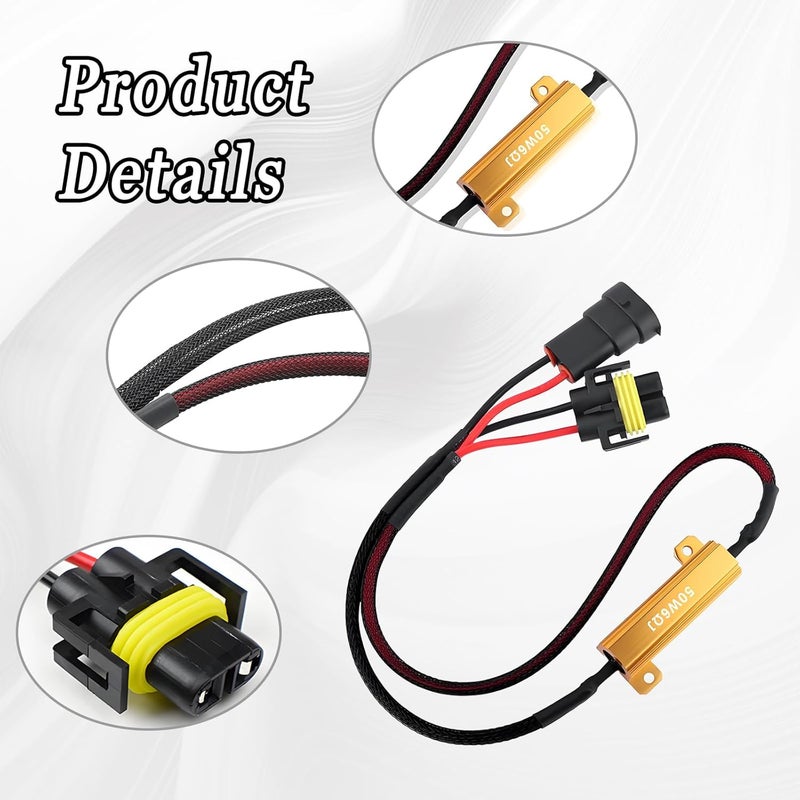 HULI 2Pcs H11/H8/H9 LED Load Resistor Kit 50W Headlight Bulb Relay Harness Adapter Anti Flicker Harness Resistor Kit for LED Lights,Fog Lights,Headlights(H11/H8/H9) - Image 3